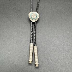 Vintage Bolo Tie Turquoise And Silver Cowboy Hat Shaped Pendant W/ Leather Strap